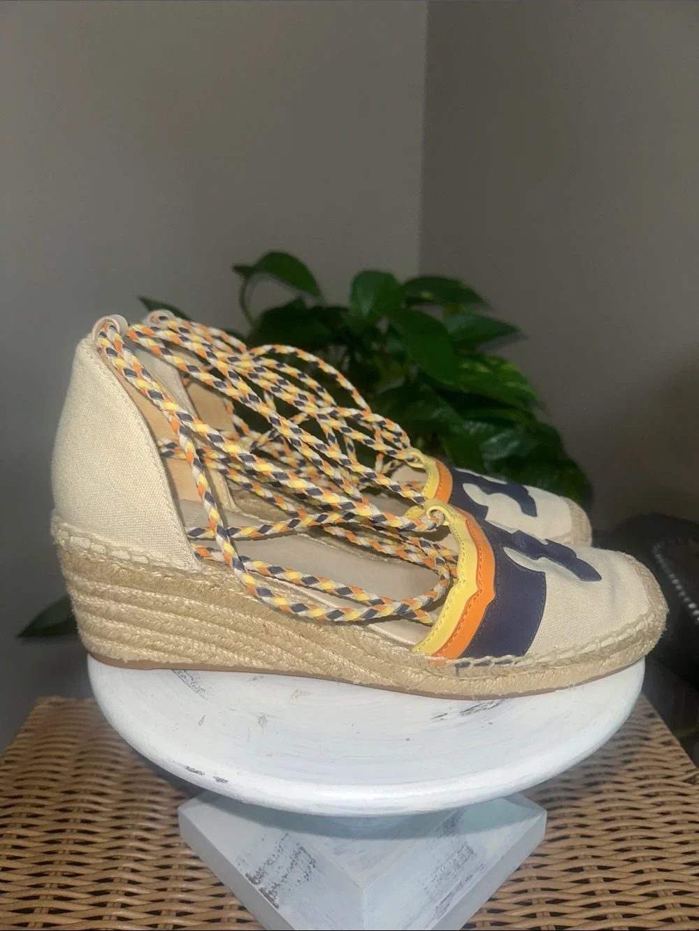 Tory Burch Laguna Canvas Espadrille Wedges with Navy Logo ankle wrap